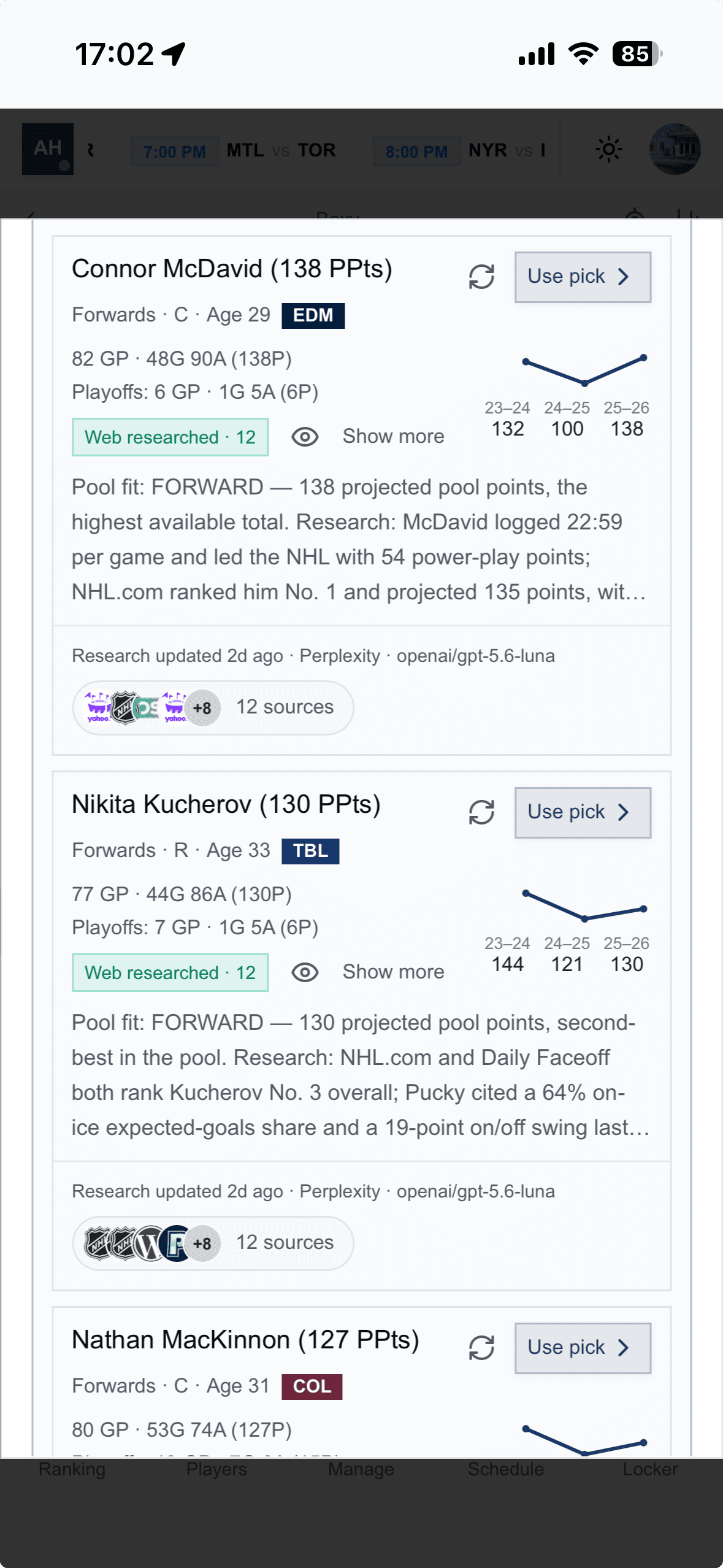 AI Hockey draft assistant recommending players with projected points and cited research
